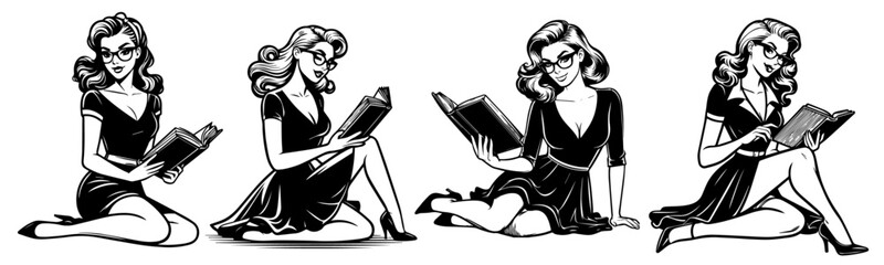 classic pin-up style teacher character with book, retro fashion, black vector