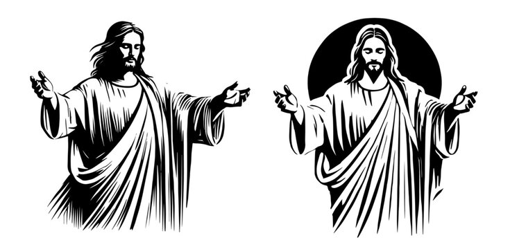 Sacred illustration of Jesus with open arms &ndash; black vector