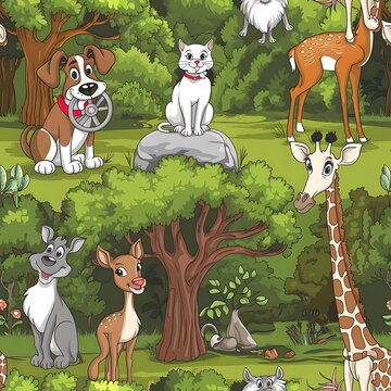 Seamless animal pattern with funny caroon dogs, cat, deer and giraffe