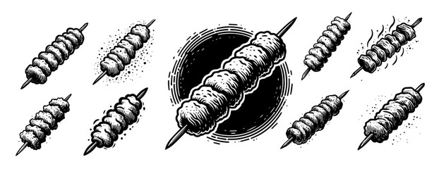 Grilled kebab skewer vector drawings in black