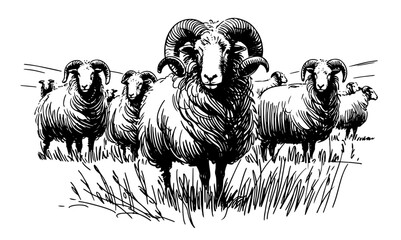 Obraz premium group of rams grazing in field illustration set – black vector