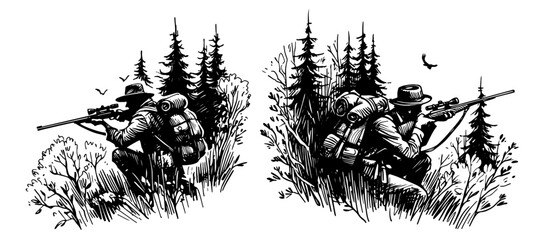Obraz premium detailed black vector of hunter kneeling with rifle in nature
