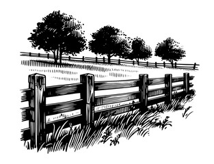 Fototapeta premium set of rural fence and trees in vintage black vector