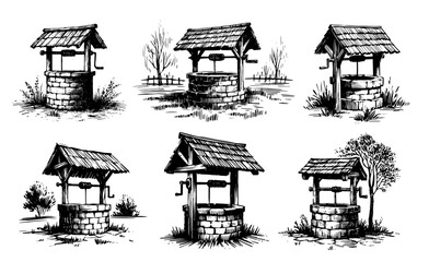 expressive line art of a rustic well, emphasizing cultural heritage and old-world charm black vector