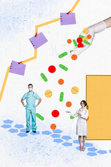 Vertical poster collage young doctors medicine workers profession occupation prescribe pills dose treatment hospital clinic consultation