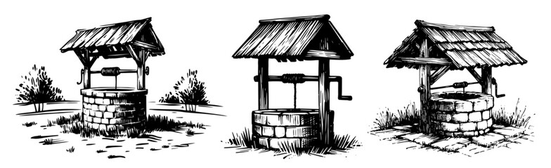 traditional well line art illustration, highlighting rustic craftsmanship in minimalist style black vector