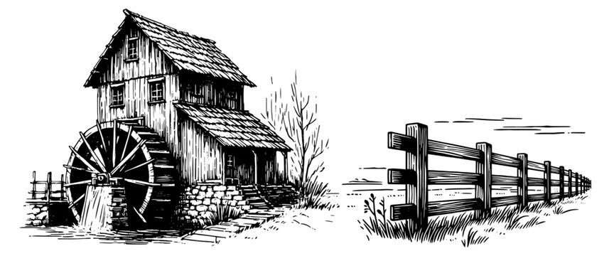 detailed countryside watermill and fence black vector collection