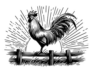 Illustration of a proud rooster on a fence with sunburst effect – vector art © Luka