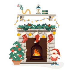 Obraz premium Cozy Christmas interior bonfire or hearth with mantelpiece. Home winter fireplace with socks, gifts, firs inviting warm fire. Warm cozy hearth exudes holiday cheer. Vector flat illustration