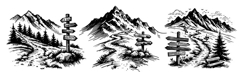 mountain trails with signposts in wilderness scenery, black vector © Luka