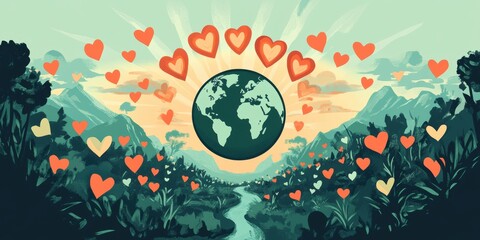 Fototapeta premium Green earth surrounded by red hearts.