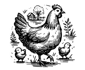 Mother hen with chicks illustration – vintage farm black vector © Luka