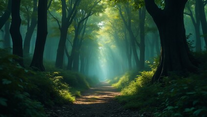 Enchanting forest pathway illuminated by soft sunlight for tranquil nature scenery