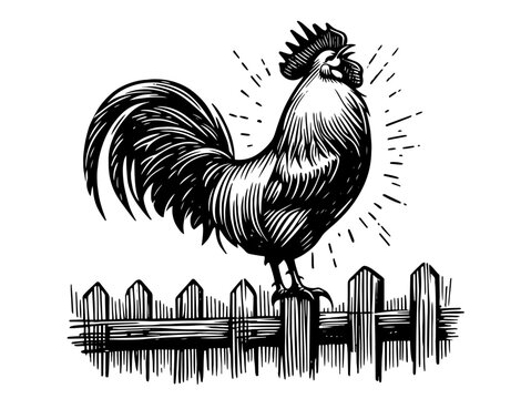 black and white rooster crowing on fence clip art preview