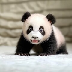 Fototapeta premium Cute Baby Panda Cub Looking Up with a Surprised Expression.