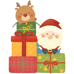 Santa Claus and reindeer with gift boxes 