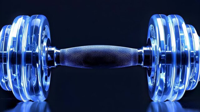 A pair of blue transparent dumbbells with a textured grip handle, set against a dark background.