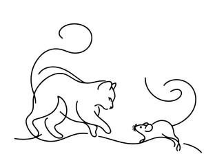 simple one line drawing of cat and mouse, black vector design