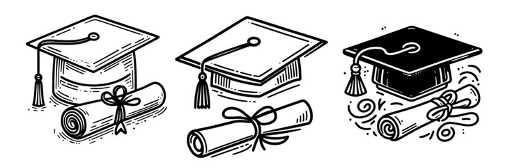 graduation cap and diploma illustration in vintage black vector style