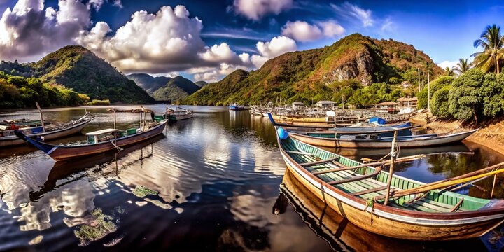 Aerial View of Traditional Fishing Boats in Bojo River, Aloguinsan &ndash; Scenic Coastal Landscape Photography