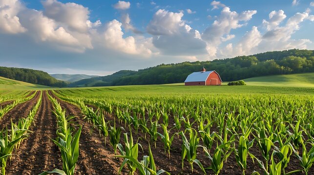 Spring corn crop fills the foreground leading back to a red barn and rolling hill background with clouds above