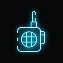 Blue neon sign of a walkie talkie is glowing against a black background