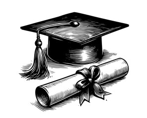 detailed hand-drawn line art of a graduation cap and diploma, celebrating academic achievement and success black vector