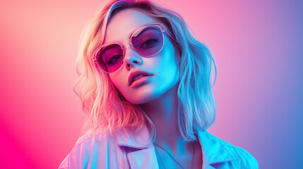 Fototapeta premium Blonde Woman With Sunglasses And Neon Pink And Blue Lighting