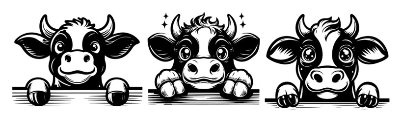 Obraz premium cute cow faces peeking over fence in black vector style