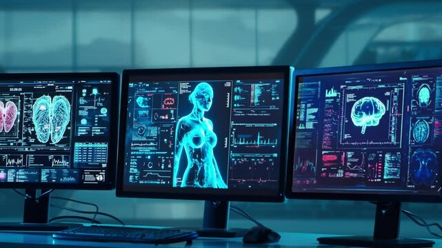 Doctor working at futuristic office, multiple monitors displaying medical images, data and body scans.