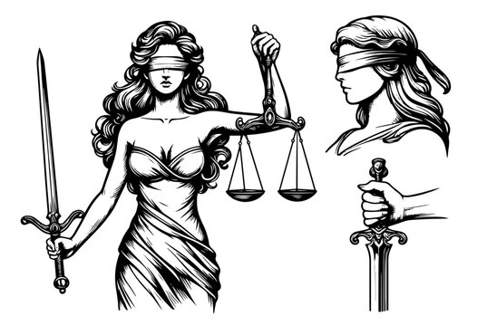 artistic depiction of themis with scales and sword, emphasizing justice and impartiality in line art black vector