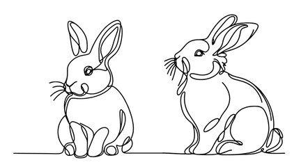 minimalist line art of two cute bunnies, black vector illustration