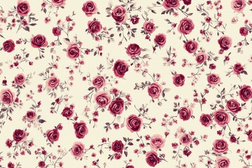 A pattern of small roses in shades of pink and red, scattered across an off-white background. 