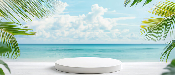 Fototapeta premium Tropical beach background with palm leaves and white platform against ocean and blue sky for copy space