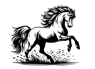 majestic horse in dynamic pose, detailed black vector illustration