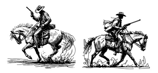 Fototapeta premium dynamic line art of a cowboy on a galloping horse, perfect for western and adventure themes black vector
