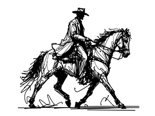 expressive sketch of a cowboy riding a horse, capturing wild west adventure in dynamic style black vector