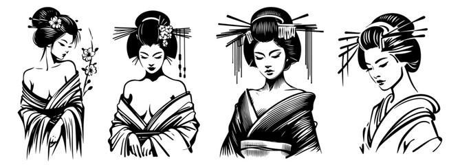 minimalistic geisha line art silhouette, emphasizing poise and elegance in traditional attire black vector