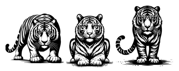 artistic representation of a tiger in line art, highlighting its powerful form and elegance black vector