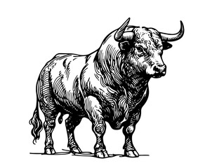 strong and muscular bull illustration, black vector in vintage style