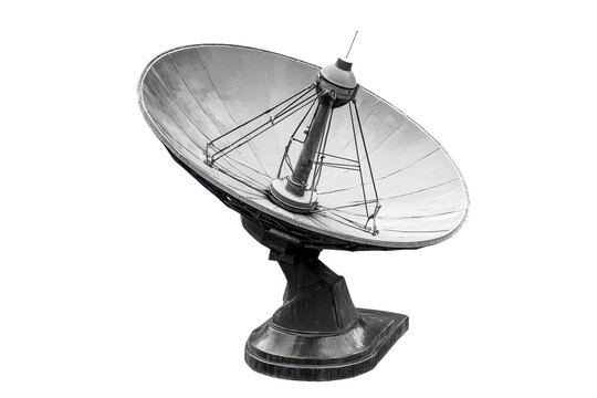 Metallic satellite dish against transparent background, illustrating communication, technology, and connectivity in modern society.