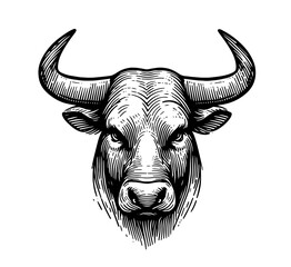 stylized bull head illustration with artistic line work, black vector