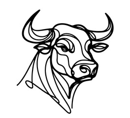 abstract monoline bull face with flowing lines, black vector