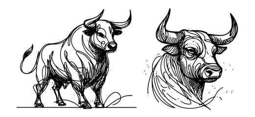 stylized bull head with intricate line details, black vector illustration
