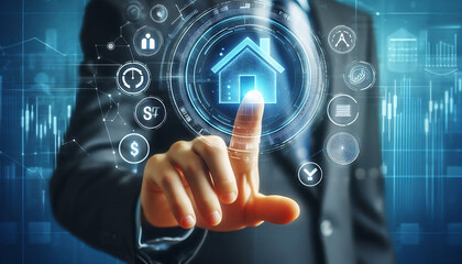 Fototapeta premium Man touches virtual house icon for mortgage loan analysis. Real estate investment, interest rate, business planning concept. 