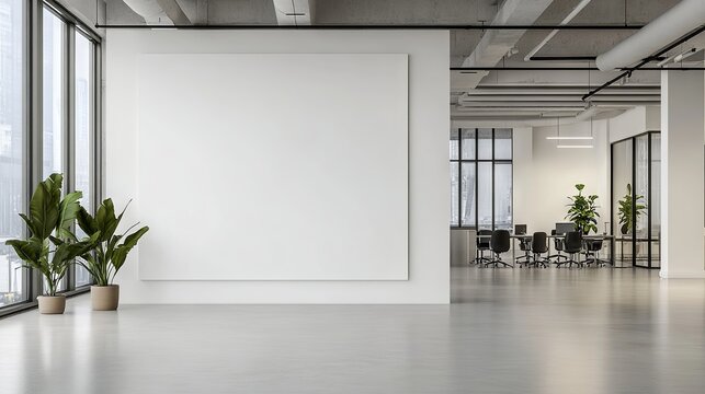 Blank white wall in modern office interior with minimalist design and natural lighting