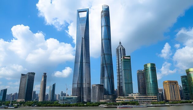 Modern Skyscrapers Along a River in Shanghai, China
