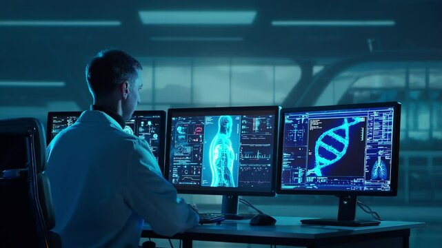 Doctor working at futuristic office, multiple monitors displaying medical images, data and body scans.