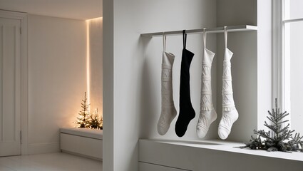 Minimalist Christmas stockings in white and black hanging in modern interior
