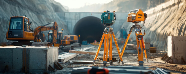 Close up of survey tools on tunnel construction site, showcasing advanced equipment and machinery in dynamic environment. scene captures essence of engineering and progress